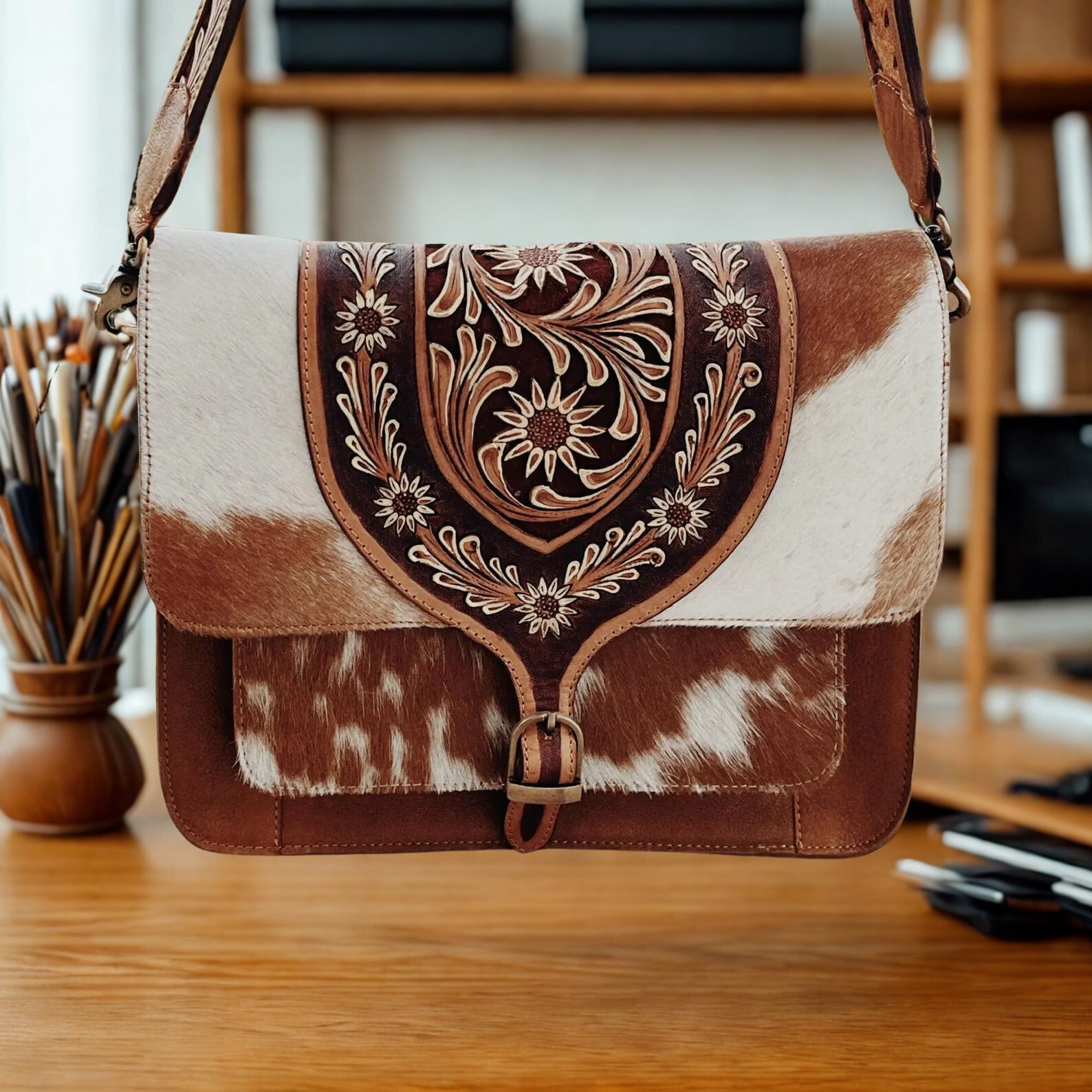 Handmade Cowhide Tooled Leather Crossbody - Hair On Cowhide Shoulder Bag