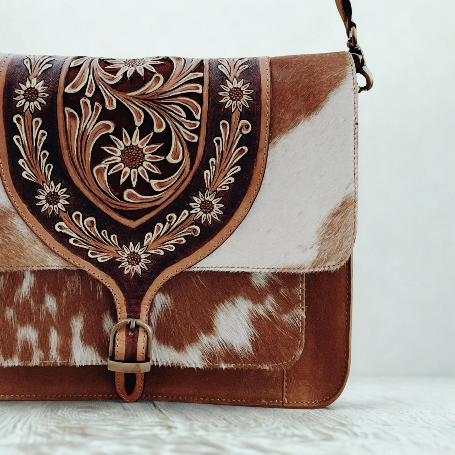 Handmade Cowhide Tooled Leather Crossbody - Hair On Cowhide Shoulder Bag