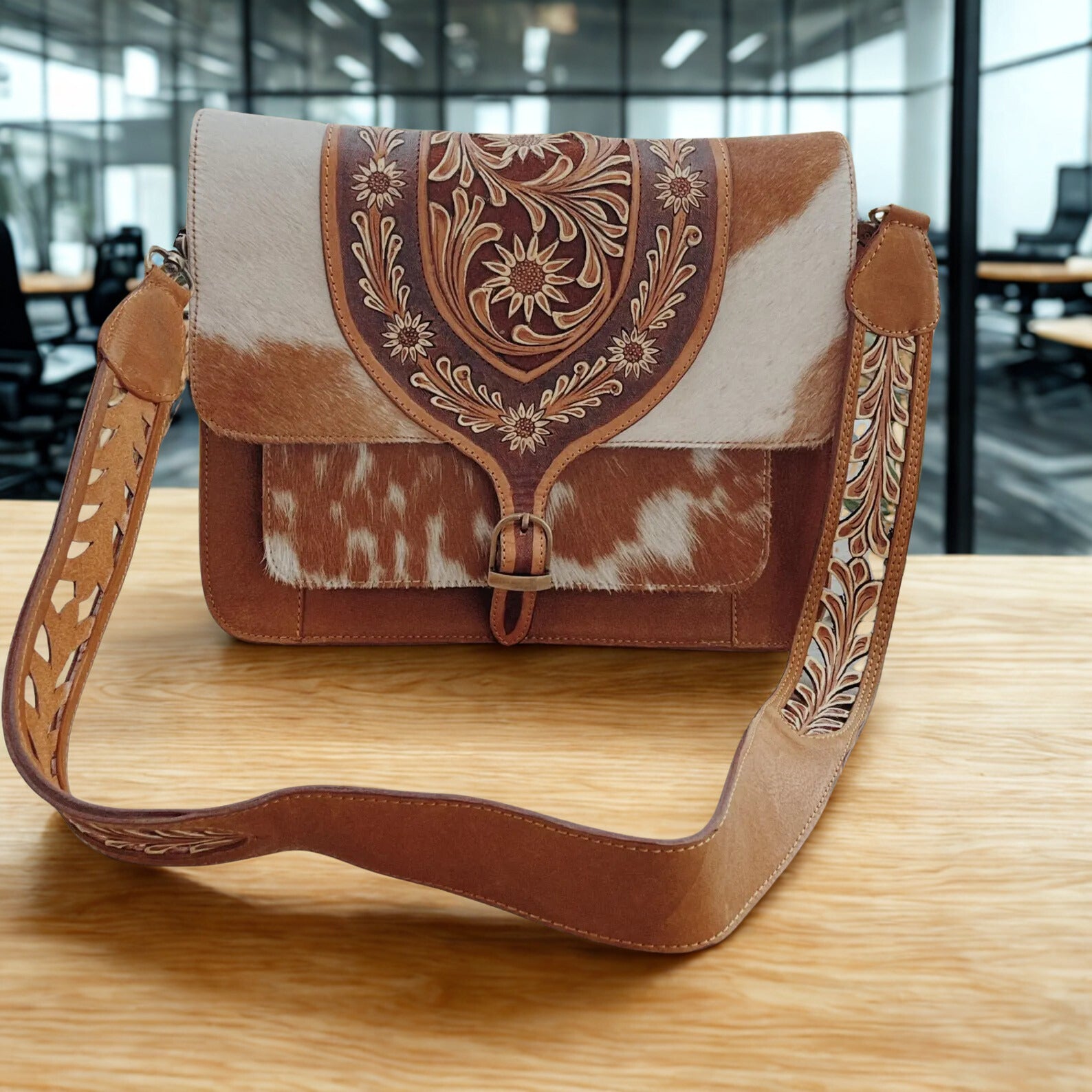 Handmade Cowhide Tooled Leather Crossbody - Hair On Cowhide Shoulder Bag