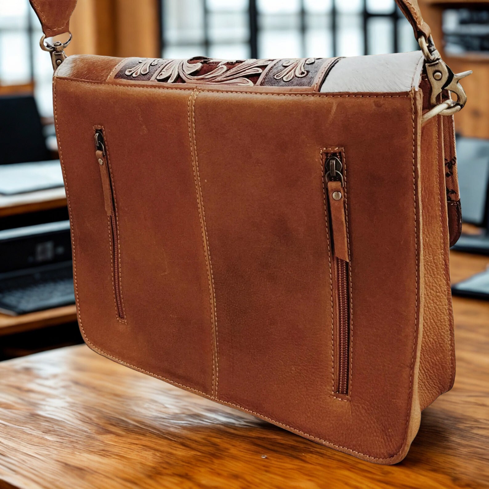 Handmade Cowhide Tooled Leather Crossbody - Hair On Cowhide Shoulder Bag
