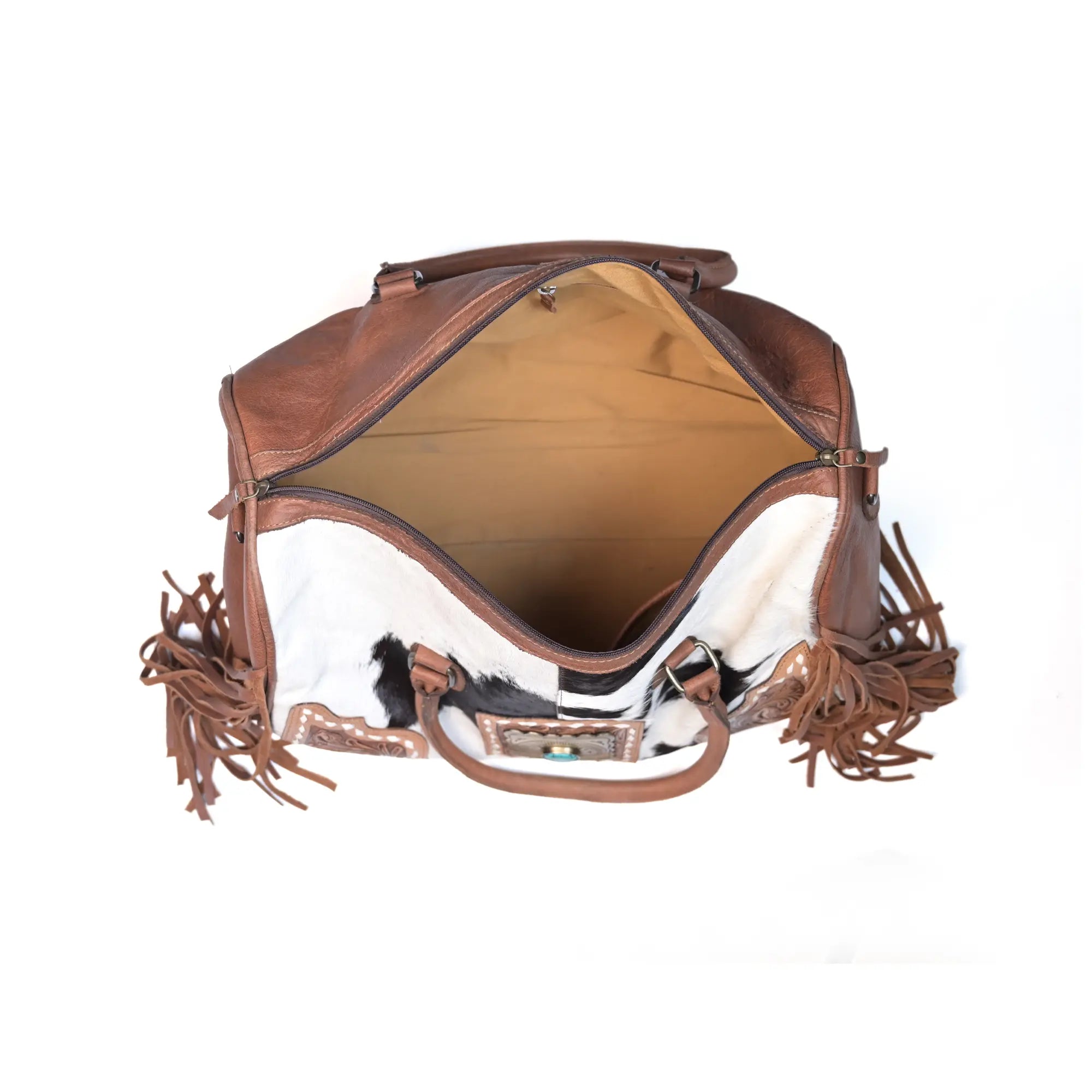 Western Tooled Leather Duffel Bag with Fringe - abitoamerica