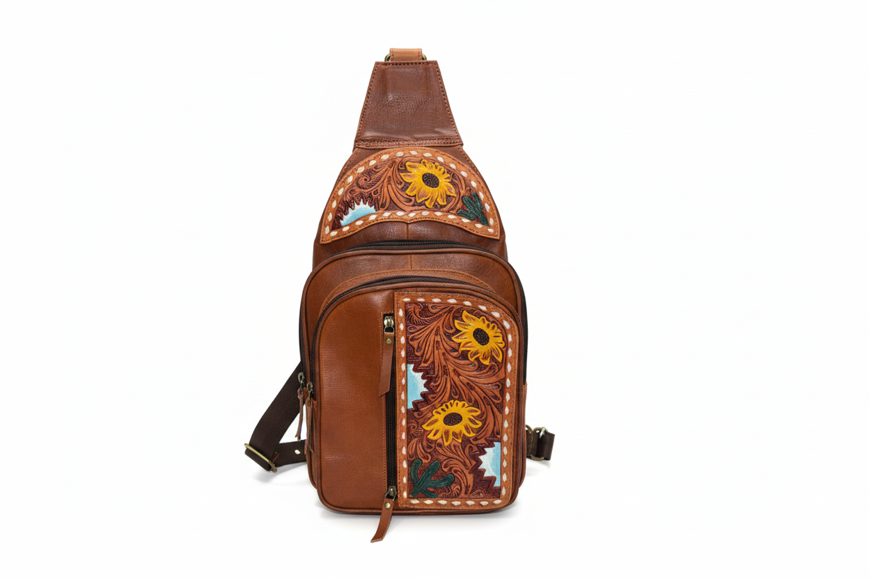 Yellow Floral Hand Tooled Leather Crossbody Bag, Womans Sling Bag, Sling Purse, Travel Sling Bag, Mini Crossbody Sling Bag , Western Leather Purse