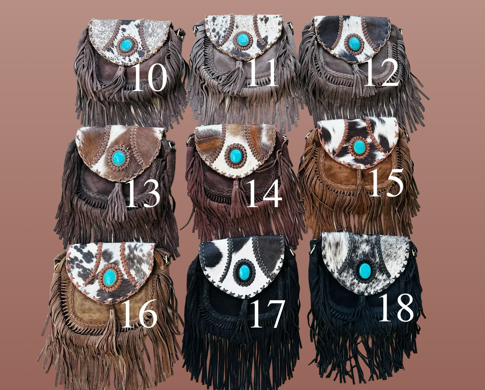Cowhide Leather Crossbody Purse: Turquoise & Fringe Western Handbags