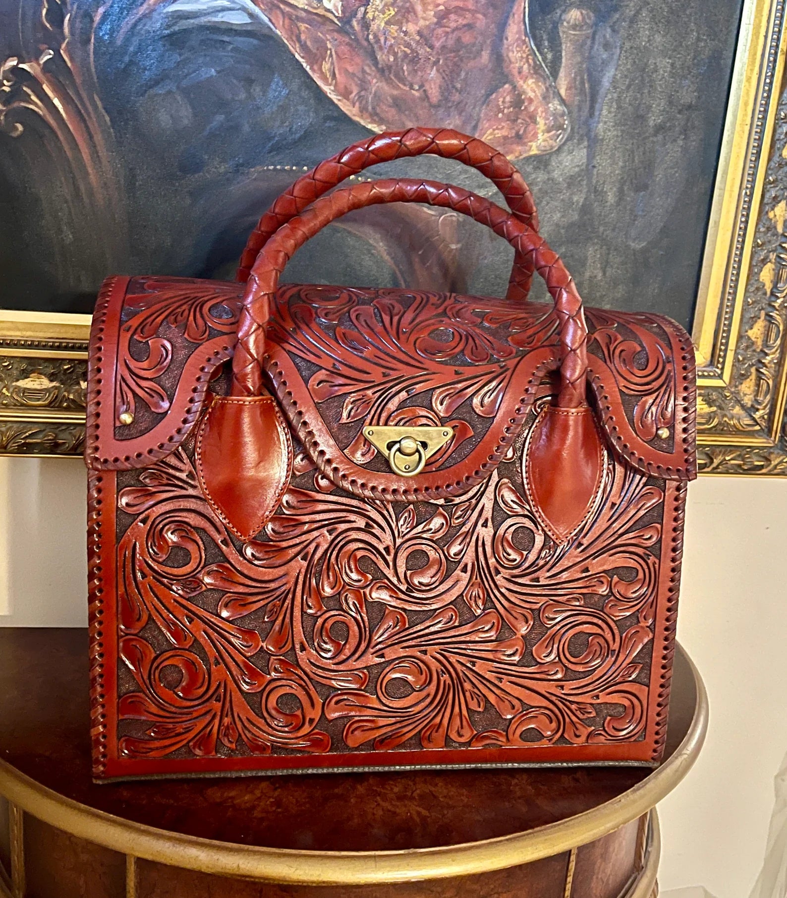 Hand-Tooled Leather Weekender Crossbody Tote Bag, Handmade Large Carry-On, Western Style Leather tooled Handbag