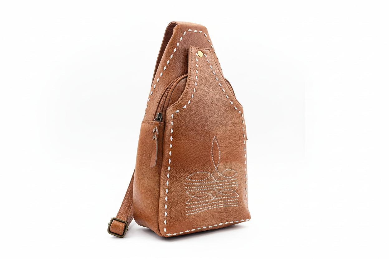 Handmade Genuine Leather Sling Bag – Tan Western Purse, Small Travel Backpack Crossbody
