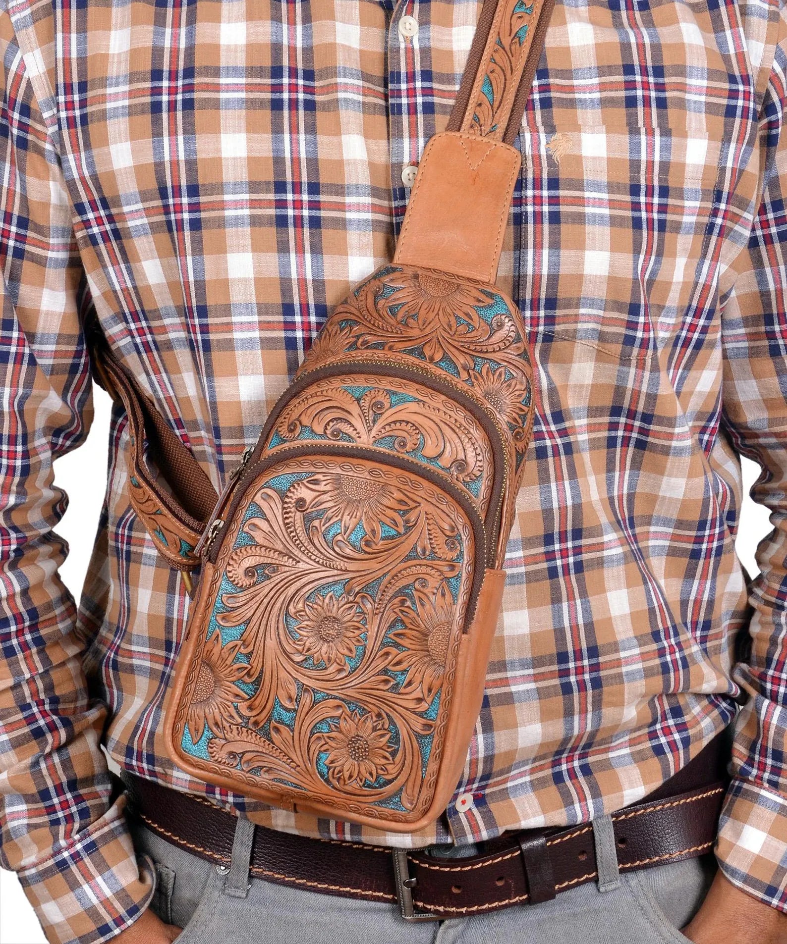 Handmade Tooled Leather Sling Bag: Floral Carving Western Crossbody