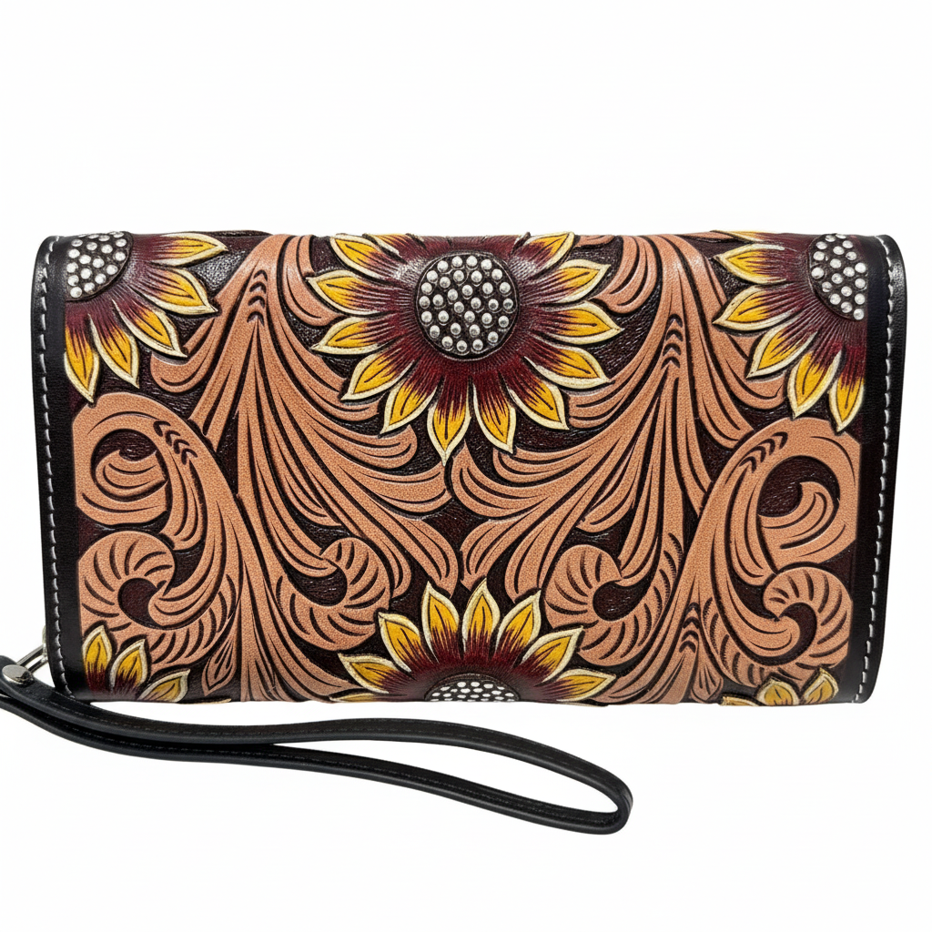 Genuine Western Cowhide Leather Crossbody Purse and Clutch with Dark Sunflower painted.