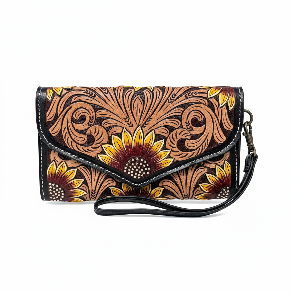 Genuine Western Cowhide Leather Crossbody Purse and Clutch with Dark Sunflower painted.
