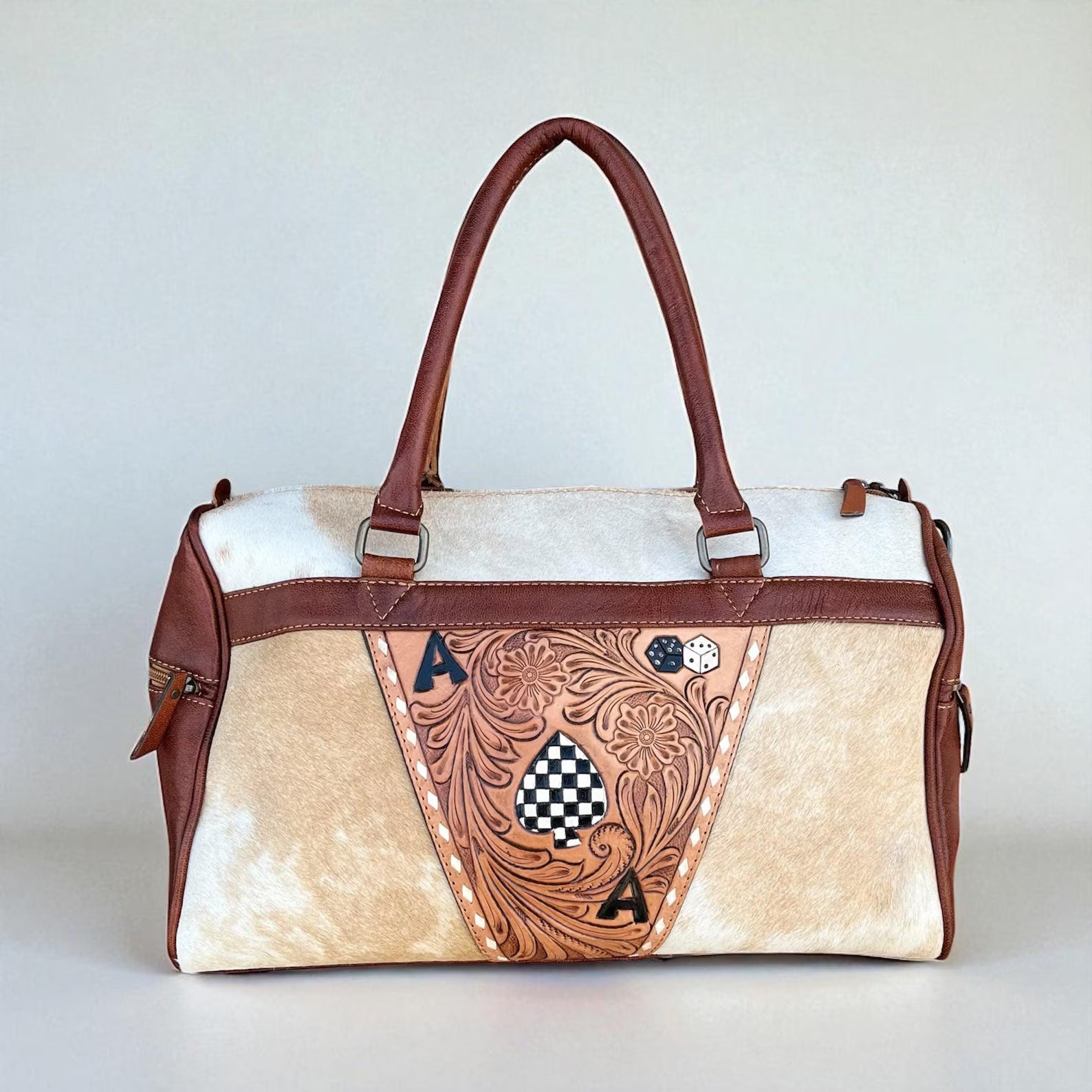 Western Aces Duffle  – Tooled Leather Cowhide Weekender Duffel with Spade & Dice Artwork