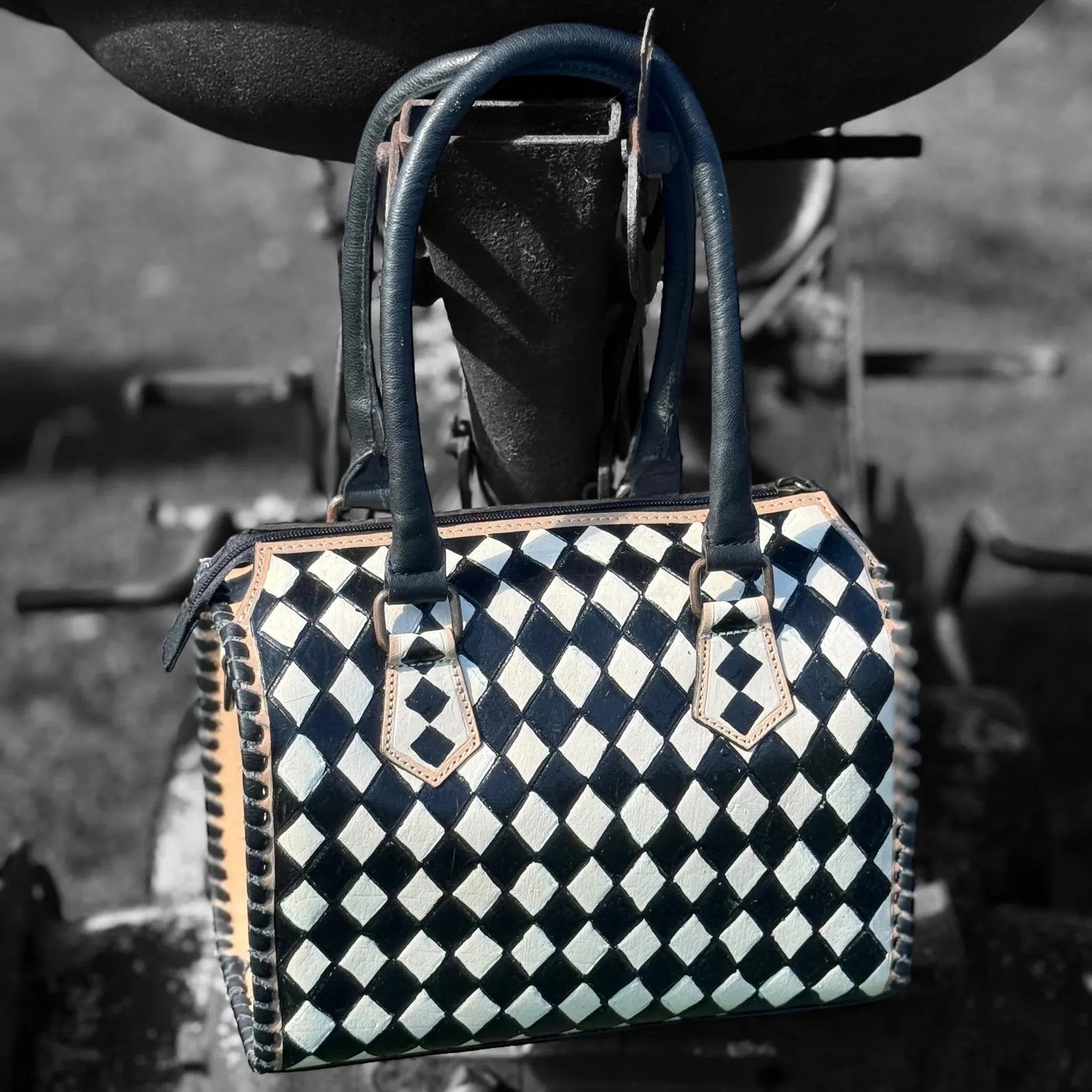 Black and White Checkered Genuine Western Cowhide Leather Purse