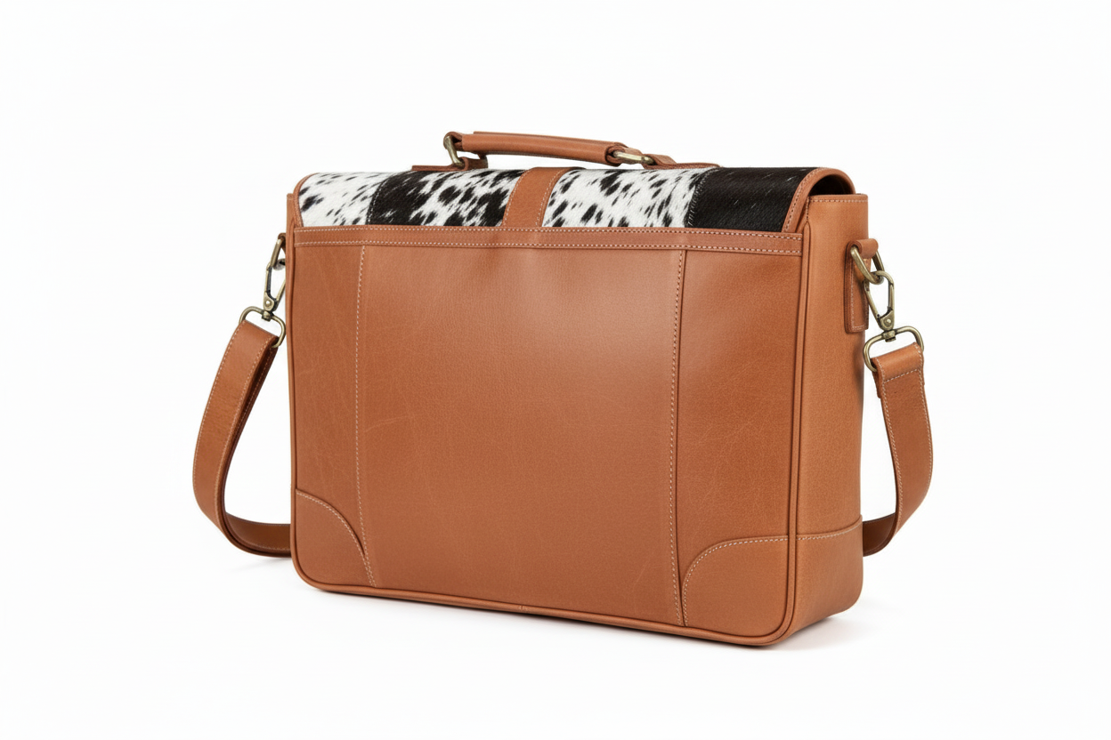 Handmade Cowhide Leather Laptop Bag – Unique Brown Messenger with Adjustable Strap, One-of-a-Kind Western Hide