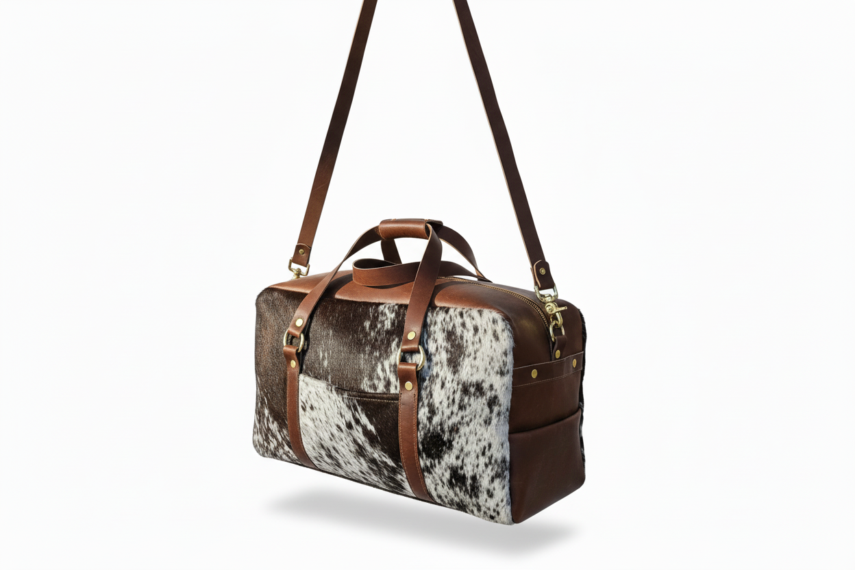 Luxury Cowhide & Leather Duffel Bag – Handmade Travel Carry‑On with Detachable Strap