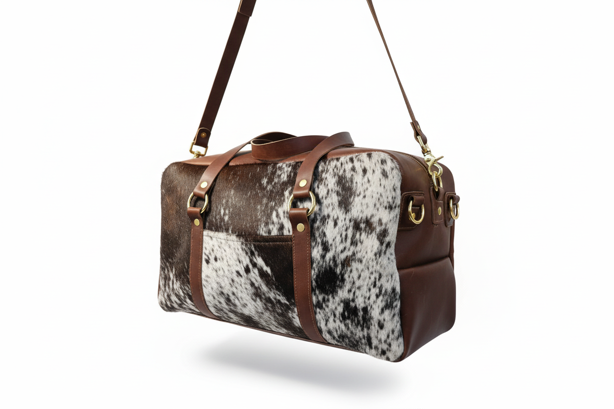 Luxury Cowhide & Leather Duffel Bag – Handmade Travel Carry‑On with Detachable Strap