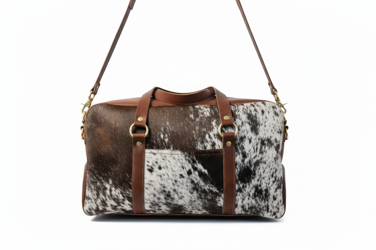 Luxury Cowhide & Leather Duffel Bag – Handmade Travel Carry‑On with Detachable Strap