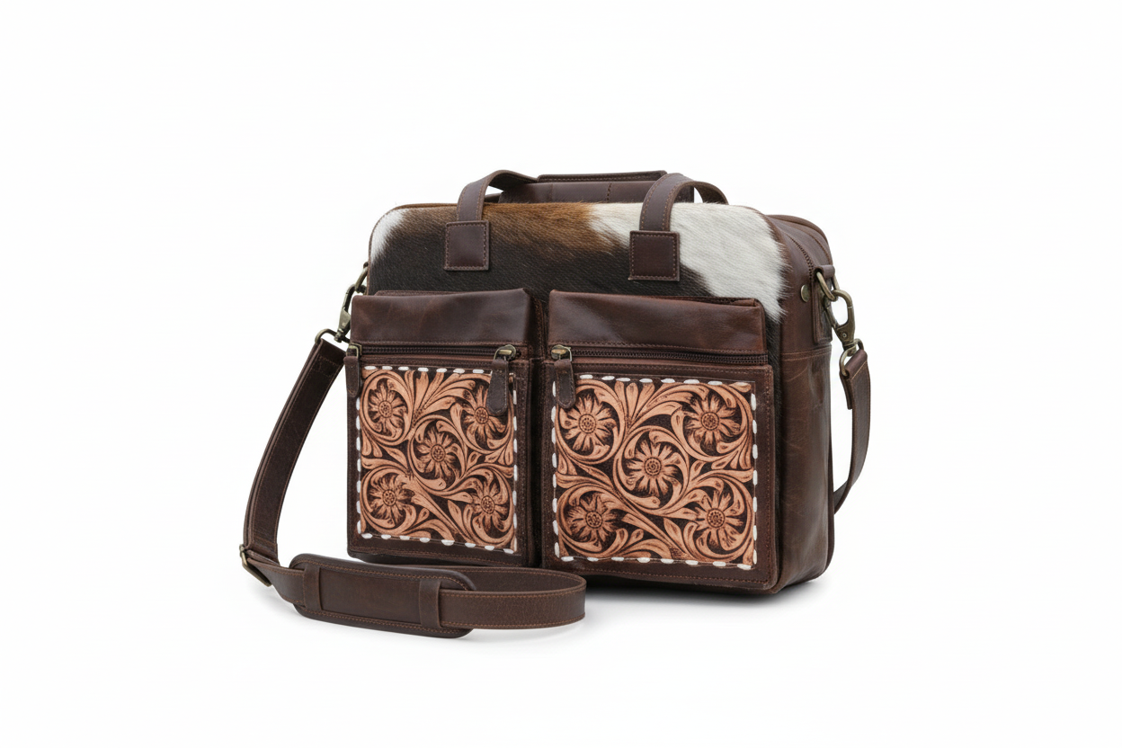 Handmade Cowhide Leather Work Bag – Tooled & Painted Western Tote with Laptop Sleeve & Multiple Pockets