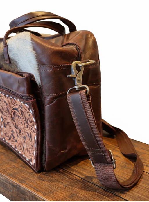 Handmade Cowhide Leather Work Bag – Tooled & Painted Western Tote with Laptop Sleeve & Multiple Pockets