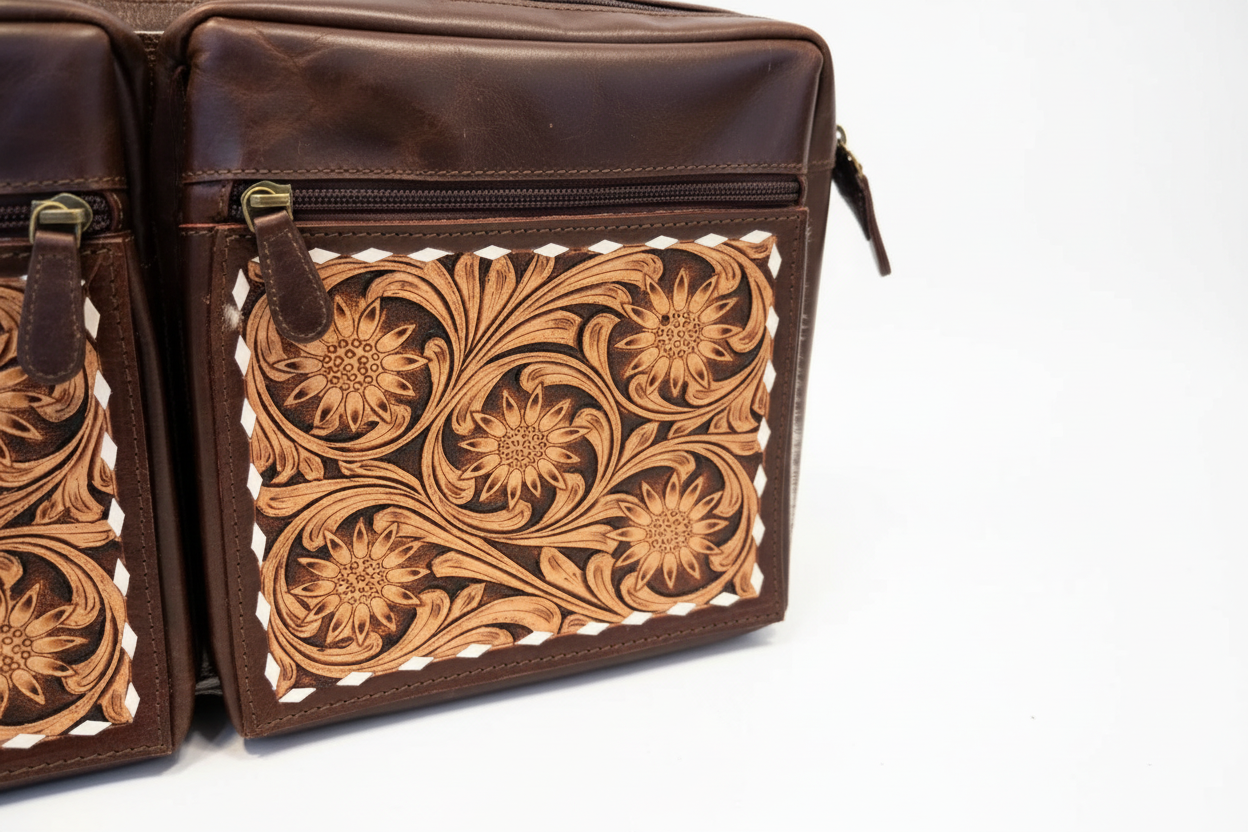 Handmade Cowhide Leather Work Bag – Tooled & Painted Western Tote with Laptop Sleeve & Multiple Pockets