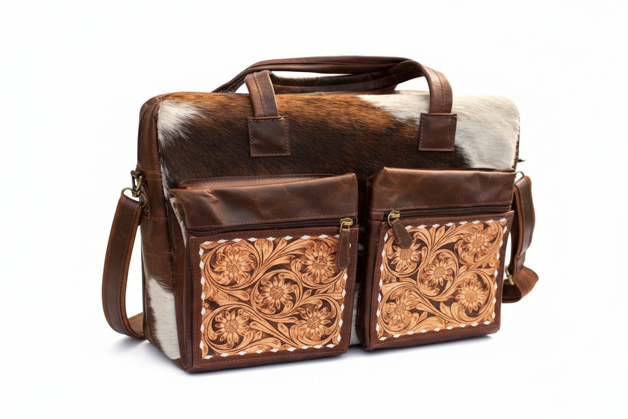 Handmade Cowhide Leather Work Bag – Tooled & Painted Western Tote with Laptop Sleeve & Multiple Pockets