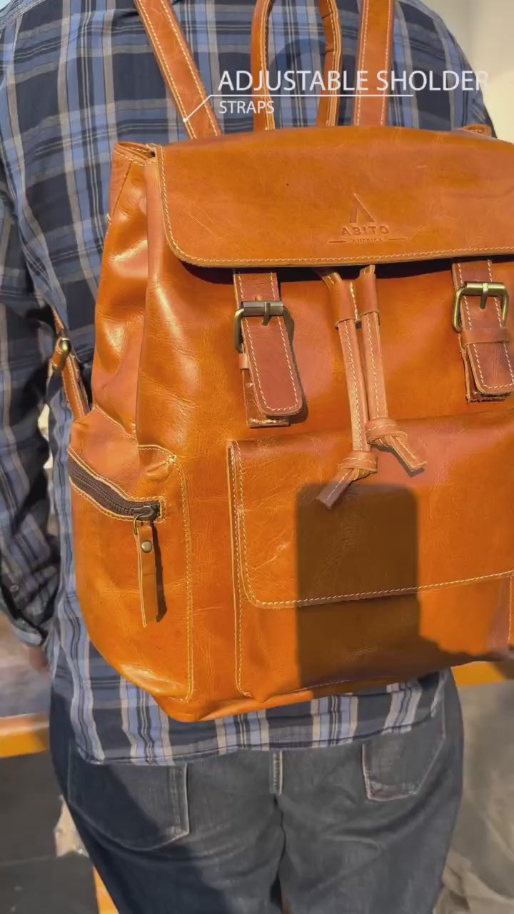 Vintage Brown Leather Backpack – Handmade Travel Bag with Buckle Straps & Multiple Pockets